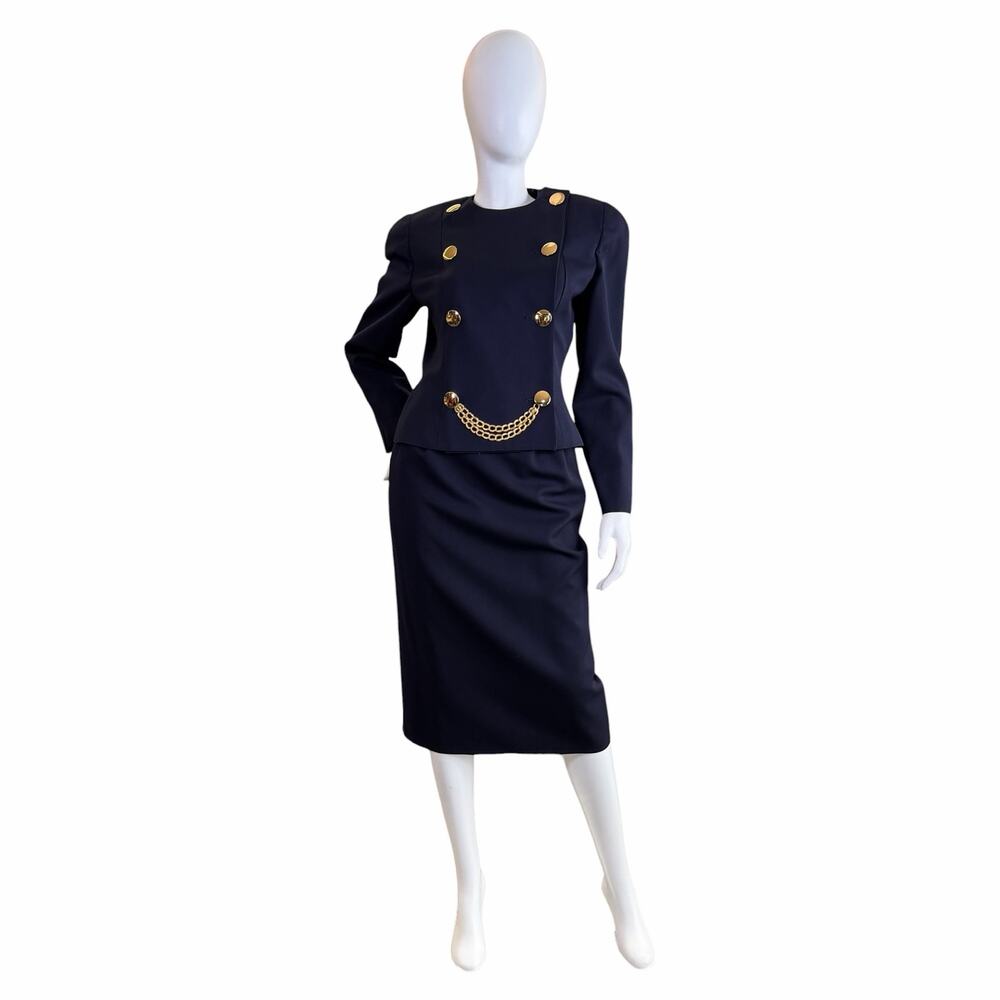 1980s Vintage Harve Benard Gold Chain Military Navy Power Skirt Suit